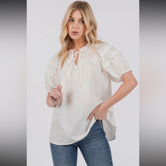 09 Solid Short Puff Sleeve V-Neck Blouse Top - Picture 3 of 6